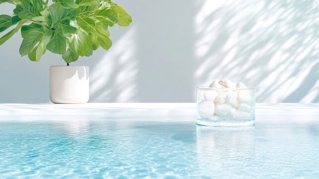 Still life with a green plant in a white pot, white stones in a glass, and water reflecting light against a white wall.