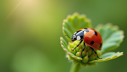 Obraz premium Ladybug resting on a green leaf in soft natural light 