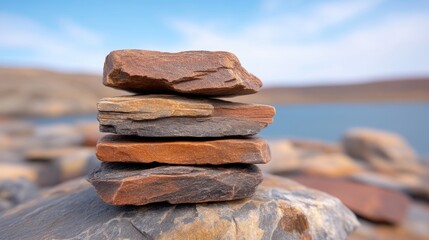 A stack of flat stones carefully balanced near a serene lake, outdoors.