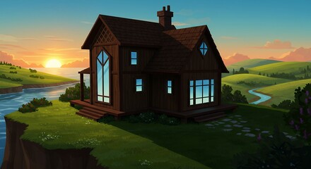 Cabin on Cliffside at Sunset Overlooking River and Hills