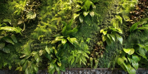 Obraz premium A vibrant wall of greenery featuring a variety of lush plants, ferns, and moss, creating a serene and natural indoor environment.