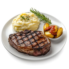 Steak and potatoes, isolated white background, modern art style