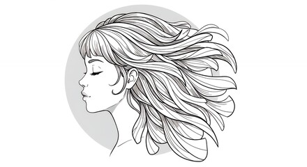 Fototapeta premium Woman with Flowing Hair Line Art Profile in Circle