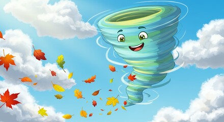 Cartoon Tornado Character with Autumn Leaves and Blue Sky