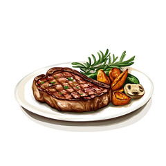 Steak with roasted vegetables, isolated white background, photorealism art style
