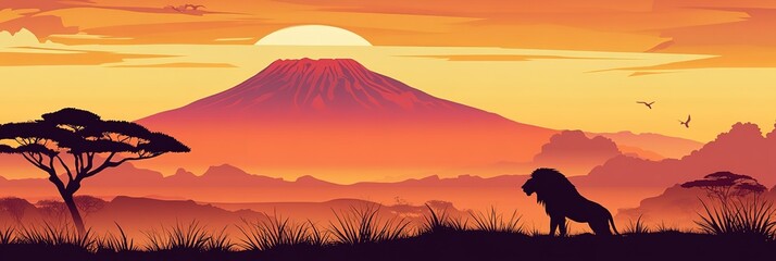 illustration, Lion on savanna. Mount africa at sunset. Safari