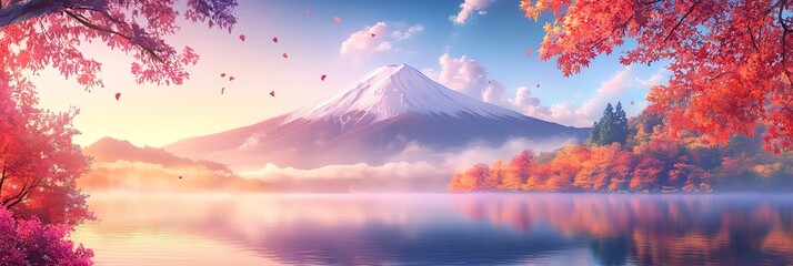 Colorful Autumn Season and Mountain with morning fog and red leaves at lake, anime style landscape