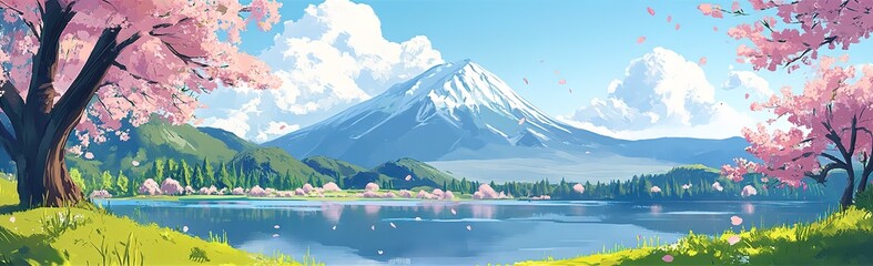 landscape cartoon anime style, spring with cherry blossoms Season and Mountain with leaves at lake