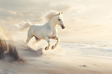 Obraz premium A white horse galloping on a sandy beach with a bright sky and ocean in the background view scene