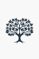 Obraz premium A stylized tree with dark blue leaves and branches on a white background art