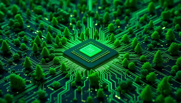 Green Circuit Board Landscape with Chip and Tree