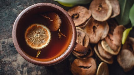 Thailand traditional drink of hot bael fruit tea earthenware cup captured in top down view with dried bael slices and herbal backdrop known for detox benefits in Thai wellness culture