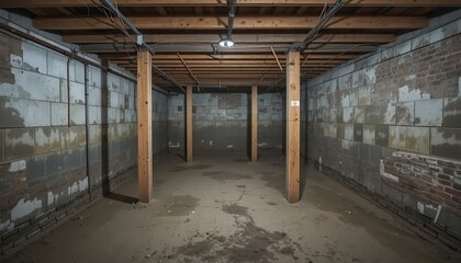 Unfinished Basement with Concrete Floor and Support Beams