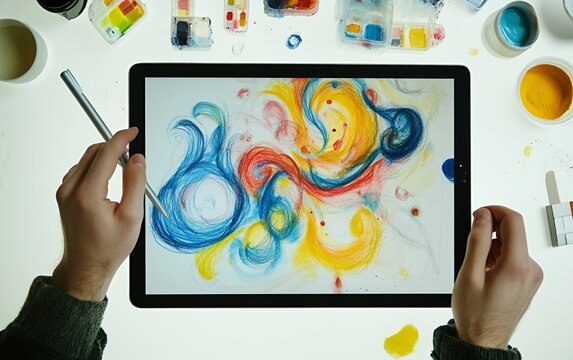 Creative digital art workflow featuring hands engaged in drawing colorful designs on a tablet - Powered by Adobe