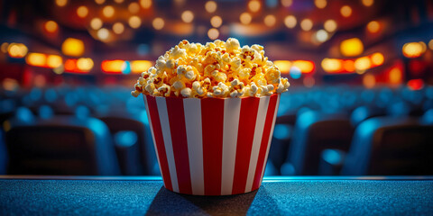 Enjoying warm classic buttered popcorn in a cozy cinema setting illuminated by soft lights