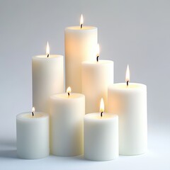 Group of lit candles with white wax against a soft light isolated on white background