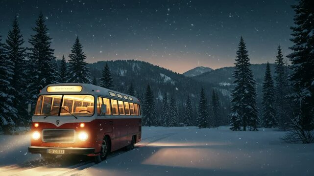 A vintage vehicle is parked in a snowy forest at twilight with a snowfall and majestic mountains in the background.