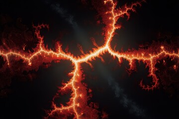 Abstract fractal design resembling lightning with a striking red and orange glow set against a dark background.