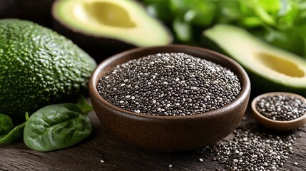 A rustic bowl of chia seeds sits beside fresh avocados and spinach. The dark, earthy tones create a healthy and natural mood. Perfect for health and wellness blogs or recipes.