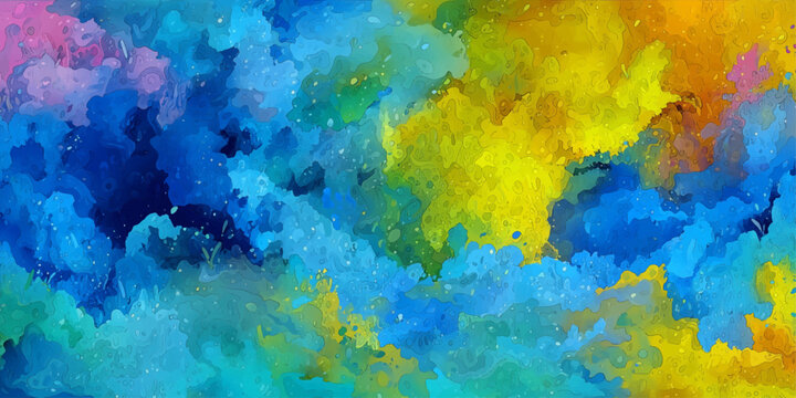 Vibrant Watercolor Splash Painting with Blue Yellow and Pink Blended Together Beautifully