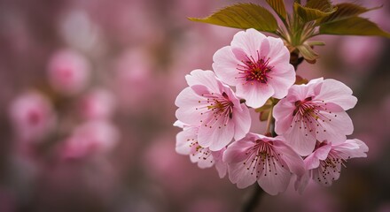 Delicate pink cherry blossoms blooming in spring creating a soft background