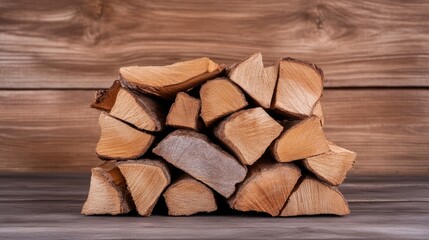 Stacked firewood against wood background