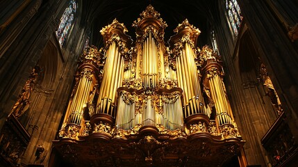 Ornate golden pipe organ in a cathedral.