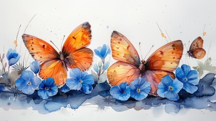 Picture of beautiful orange butterfly fly around blue fresh flower. Natural biology life between insect and floral plant. Arrangement of moth and blossom convey sense of romantic relationship. AIG53.
