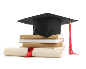 Mortar board with stack of books and diploma on white background