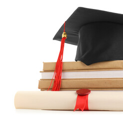 Mortar board with stack of books and diploma on white background