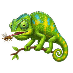 Cartoon chameleon catching fly vector illustration reptile animal wildlife