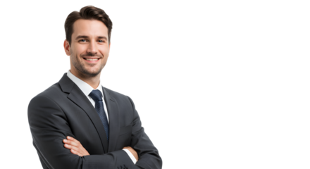 Professional business man in suit smiling portrait on black background image