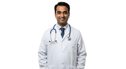 Portrait of smiling male doctor in white coat with stethoscope on black background