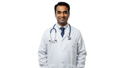 Portrait of smiling male doctor in white coat with stethoscope on black background