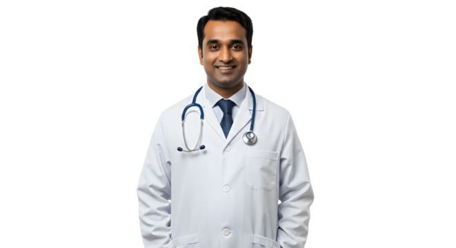 Portrait of smiling male doctor in white coat with stethoscope on black background