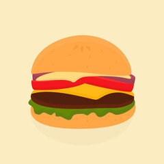 burger with full toppings in flat design, for fast food menu, delivery app, or delicious food advertising material
