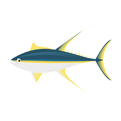 Yellowfin tuna fish with blue and yellow body, streamlined shape, and long dorsal fins isolated on white background, perfect for seafood menu, educational, or marine designs