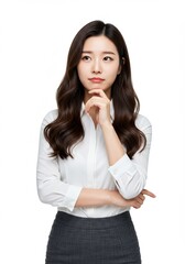 A beautiful Asian office worker woman is thinking about getting an idea for a future business plan.