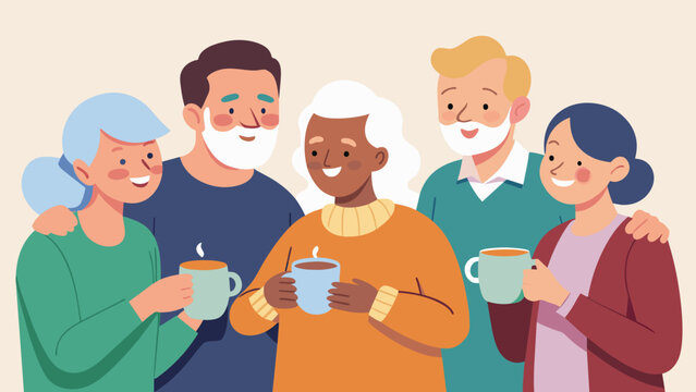 A sense of community and camaraderie a the elderly guests as they bond and reminisce about their younger years over cups of hot tea at the church.. Vector illustration