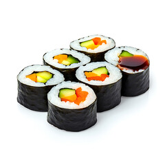 Vegetable sushi rolls with soy sauce, isolated white background, realistic art style