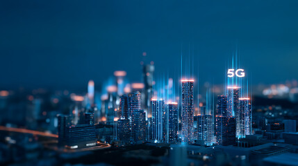 Obraz premium Futuristic 5G Network Visualization Luminescent Digital Infrastructure Transforming Urban Connectivity with Holographic Technological Innovation