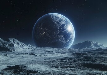 Fototapeta premium Earthrise: A Serene Lunar Landscape with Glowing Planet
