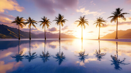 Obraz premium Tropical sunset beach, palm trees reflecting in calm water, idyllic vacation scene