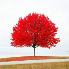 Vibrant red tree in autumn season on white background