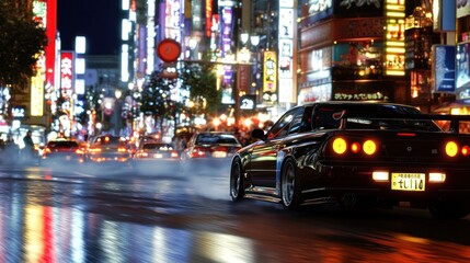 Fototapeta premium A black sports car driving through a brightly lit city