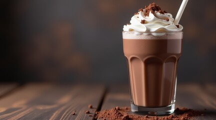 Indulge in the rich creaminess of a chocolate milkshake topped with whipped cream, chocolate syrup, and a classic striped straw against a dark backdrop