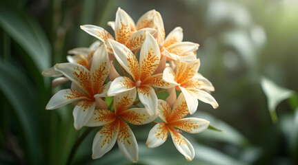 Fototapeta premium Blooming Ginger Lily Flowers with Orange Spots in Natural Light