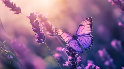 Close-Up of a Purple Butterfly Resting on Lavender Flowers in a Dreamy Sunlit Garden