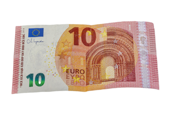 Front side of a ten euro banknote showing a Romanesque archway, the EU flag, the signature of the ECB president, the euro symbol, and a hologram stripe with value and window.