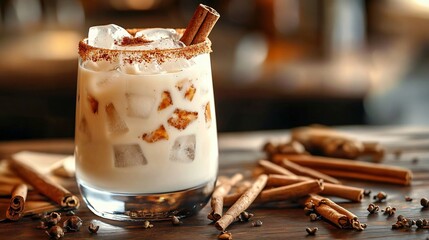 A photorealistic close-up of horchata served over ice with cinnamon, perfect for cozy autumn gatherings, warm fall celebrations, or beverage promotions.